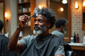 Homme noir aux cheveux crépus en train d'appliquer une teinture blanche dans un salon de coiffure professionnel