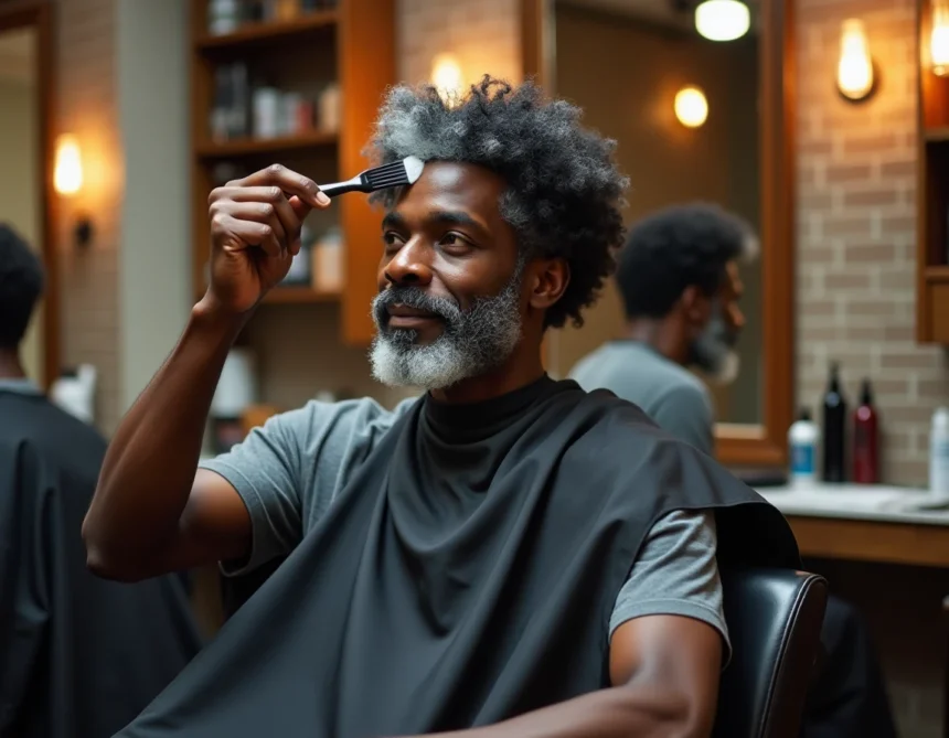 Homme noir aux cheveux crépus en train d'appliquer une teinture blanche dans un salon de coiffure professionnel