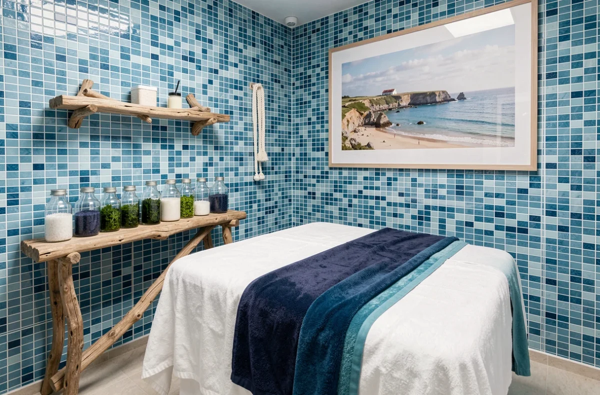 Salle de soins de Thalassa Esthetic à Rennes avec décoration marine, carreaux bleus en mosaïque et produits à base d'algues marines