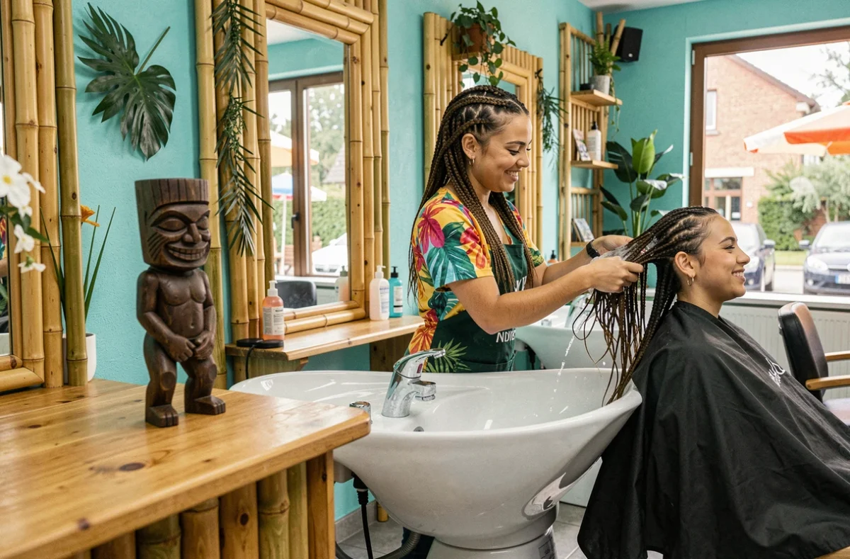 Coiffeuse aux accents tropicaux lavant les cheveux d'une cliente dans le salon Tiki Coiffure à Hoenheim