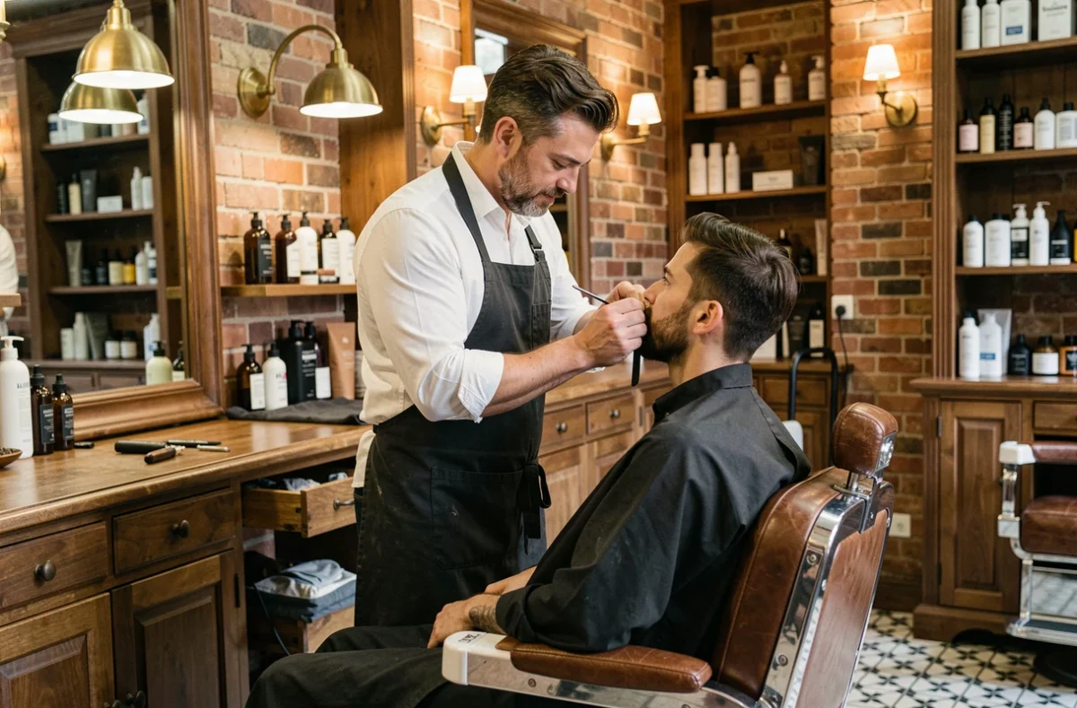 Barbier professionnel taillant la barbe d'un client dans le salon Tonsor & Cie à Toulouse, avec un décor vintage en briques apparentes
