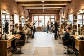 Intérieur d'un salon de coiffure moderne et élégant en Alsace avec plusieurs postes de coiffage et une ambiance chaleureuse