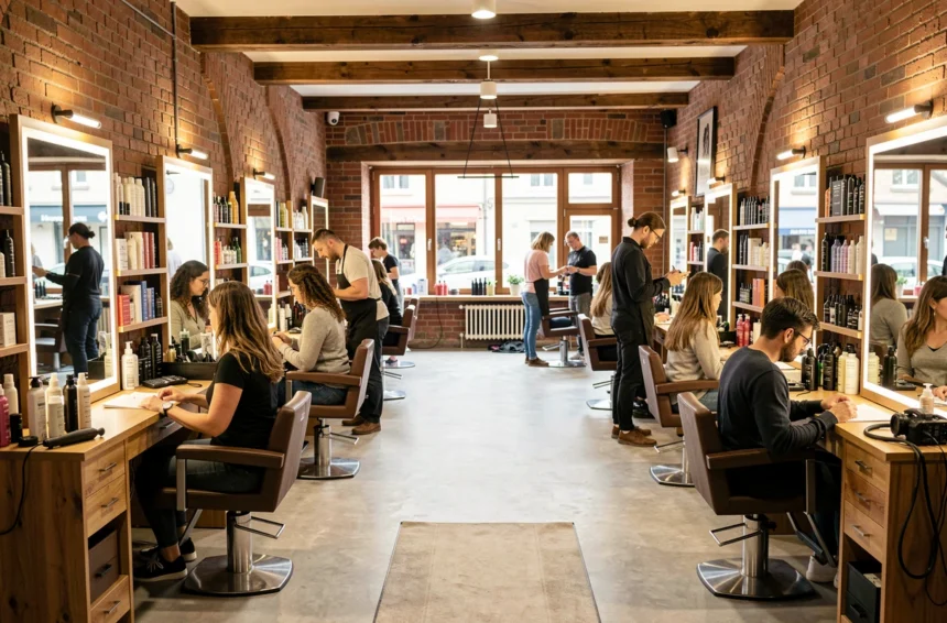Intérieur d'un salon de coiffure moderne et élégant en Alsace avec plusieurs postes de coiffage et une ambiance chaleureuse