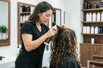 Coiffeuse professionnelle appliquant un traitement Olaplex sur les cheveux bouclés d'une cliente en salon