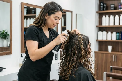Coiffeuse professionnelle appliquant un traitement Olaplex sur les cheveux bouclés d'une cliente en salon