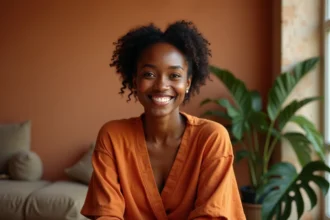 Jeune femme noire avec des tresses cornrows sur cheveux courts afro naturels sans rallonges, portant un top en lin terracotta dans un appartement moderne
