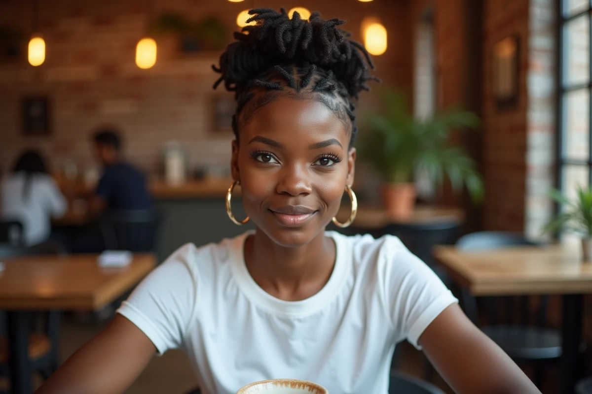 Femme noire aux cheveux courts afro coiffés en tresses plates et twists sculptés, assise dans un café urbain avec des boucles d'oreilles dorées