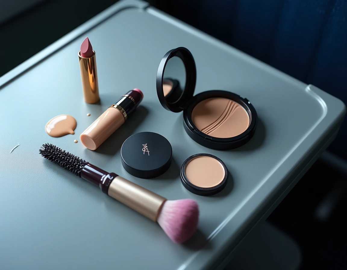 Gros plan sur une trousse de maquillage désorganisée posée sur la tablette d'un avion avec produits abîmés