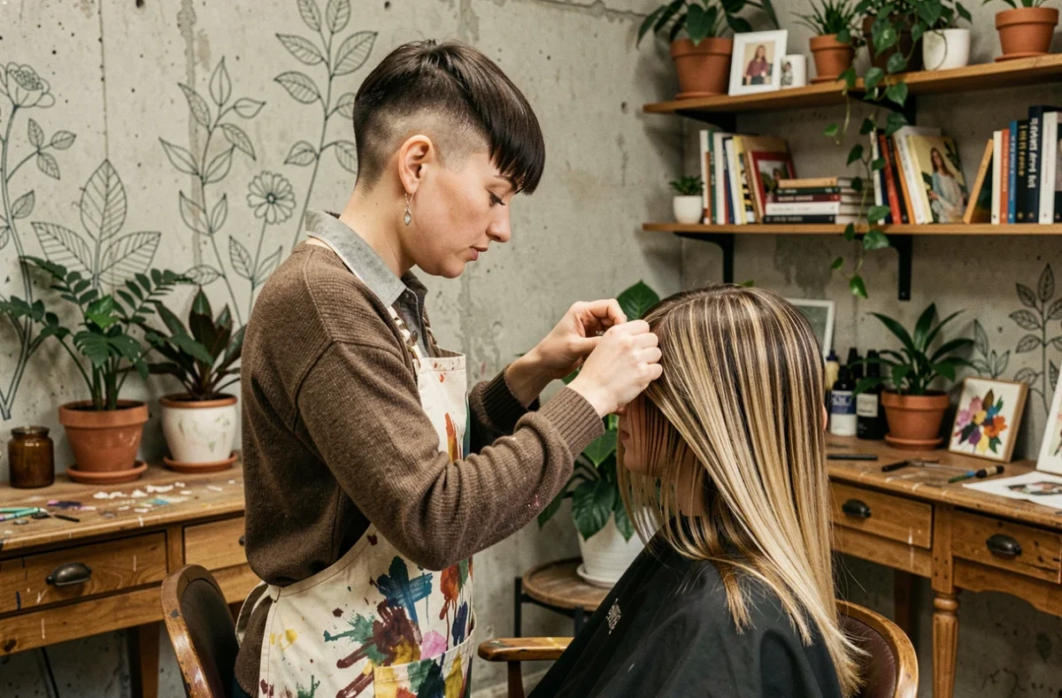 Styliste créative d'Une Pensée Sauvage à Brest réalisant un balayage artistique dans un salon à l'ambiance bohème