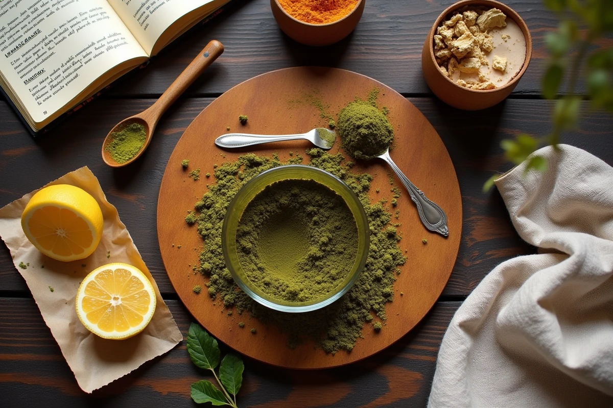 Ustensiles et ingrédients pour la préparation du henné colorant capillaire