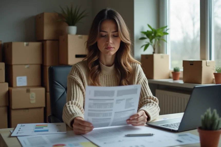 Femme VDI à son bureau à domicile entourée de produits Chogan invendus et de documents commerciaux, expression dubitative