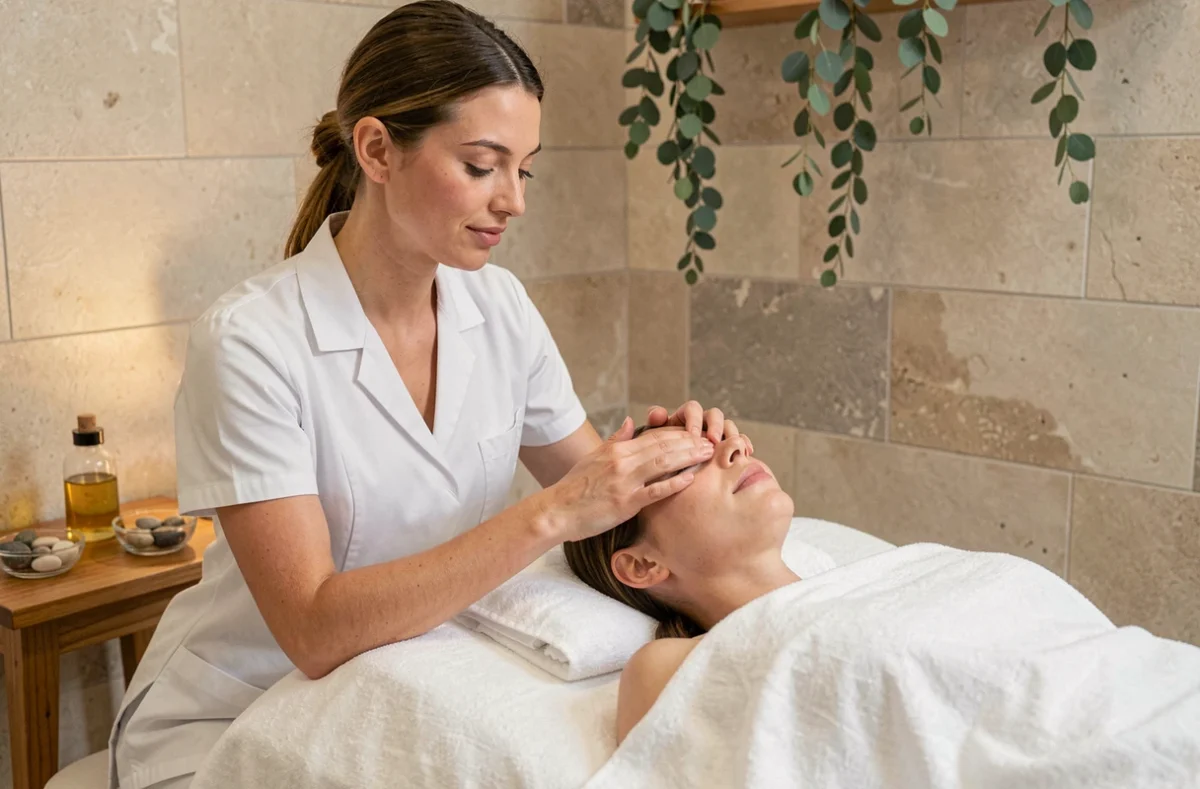 Esthéticienne professionnelle réalisant un soin du visage relaxant sur une cliente allongée dans le cadre apaisant du spa Vivéo