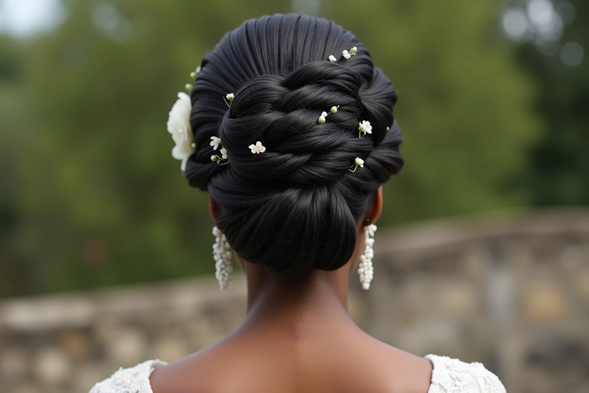 Vue arrière d'un chignon de mariée avec tresses africaines collées en motifs géométriques et ornements floraux blancs