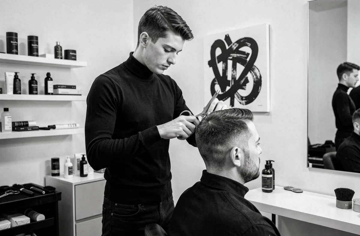 Jeune styliste Yann ls à Rennes réalisant une coupe précise sur un client masculin dans un salon minimaliste