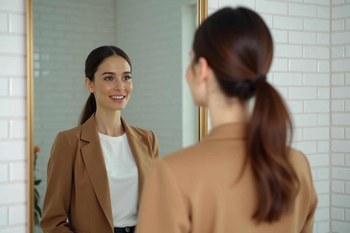 Femme aux yeux hazel devant un miroir pleine longueur en dressing moderne, vue trois quarts pour illustrer l'harmonie du look selon la morphologie du visage