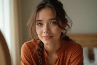 Femme aux yeux hazel avec un teint olive portant un chemisier rouille, gros plan sur le regard pour illustrer l'harmonie des couleurs selon la morphologie du visage