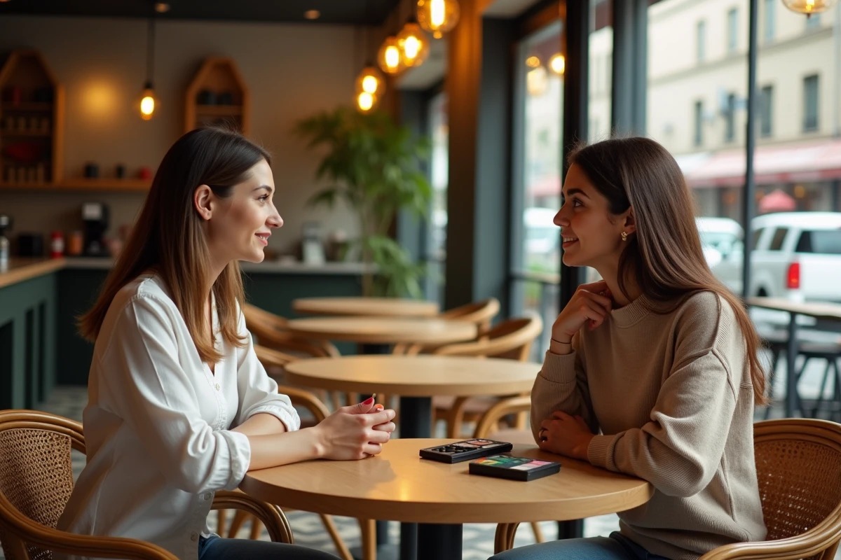 Deux femmes aux yeux hazel avec des morphologies de visage différentes discutant maquillage dans une brasserie parisienne, illustration de l'harmonisation du look selon la forme du visage