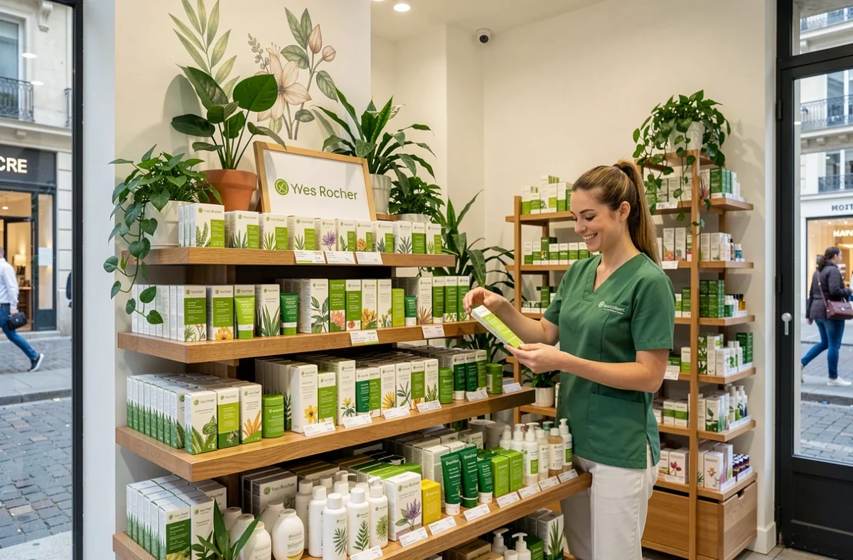 Conseillère beauté Yves Rocher Lyon rangeant des produits cosmétiques botaniques en packaging vert dans l'espace de vente lumineux et végétal de l'institut