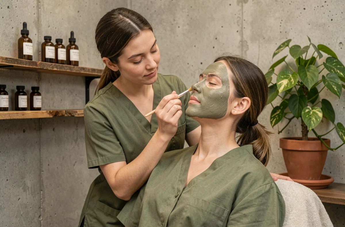 Esthéticienne de Zenance appliquant un masque argileux naturel sur une cliente dans un espace minimaliste éco-responsable au Relecq-Kerhuon